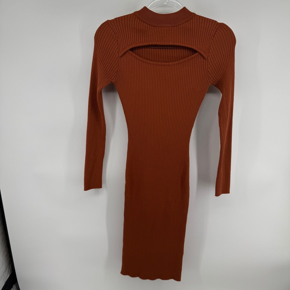 Say What Ribbed Cutout Mock‎ Neck Bodycon Dress Rust Orange Long Sleeve Medium